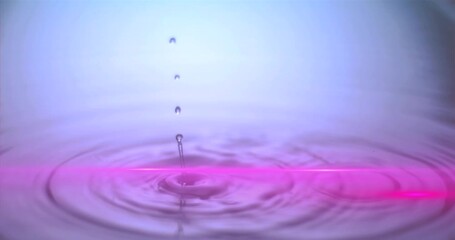 Wall Mural - Animation of water drops dropping into purple water with glowing pink light