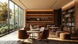 © Abdul - Interior view of a modern lounge area with bookshelves and large windows overlooking greenery outside