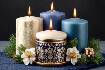 Wall Mural - burning christmas candles creating a cozy atmosphere with pine branches and decorative flowers