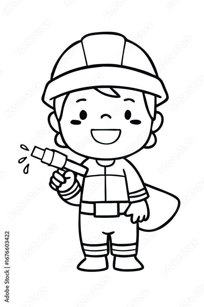 Cute Kid Firefighter Coloring Page. Cartoon Child in Costume with Water ...
