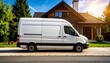 © Kila - White delivery cargo van parked on a suburban street in front of a modern house, concept of home logistics and moving services.
