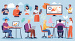 © bow - People using gadgets set. Business men, women work online, surfing internet with desktop computer, laptop, mobile phone, tablet PC. Flat graphic vector illustrations isolated on white background