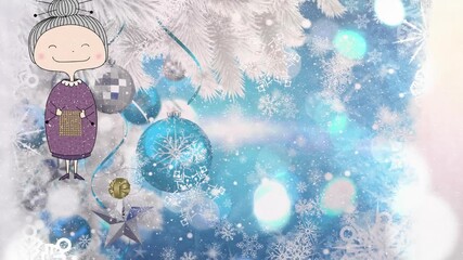 Wall Mural - animation of grandma drawing, bokeh effect and bauble hanging on snow covered trees and snowflakes