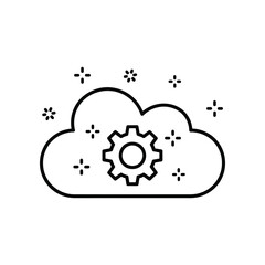 Cloud Technology Concept: A minimalist line art illustration depicts a cloud with a gear inside, surrounded by starburst elements, representing the concept of cloud technology, data storage.