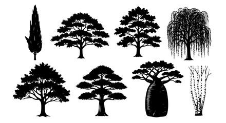 Vector art of collection of different tree silhouettes for POD