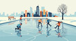 © al - Winter Ice Skating Scene with City Skyline and Bare Tree Silhouette