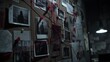 © Padungpong - A dark room features a corkboard covered with photos, notes, and red string, suggesting an investigation or conspiracy analysis