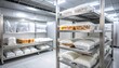 © yoniman - Clean and organized food storage area with labeled packages on metal shelves in a modern kitchen