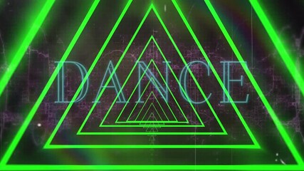 Wall Mural - animation of concentric triangles in seamless pattern over dance text banner against digital wave