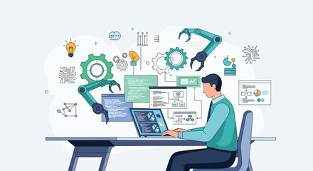 Programmer working with automated tech at desk. Coding, ai, machine learning, software, automation, engineer, development, computer science