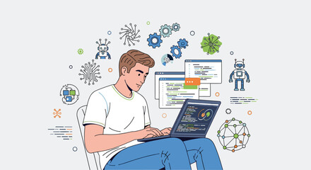 Man codes on laptop surrounded by AI icons. Technology, coding, programming, artificial intelligence, machine learning, software development, innovation, future.