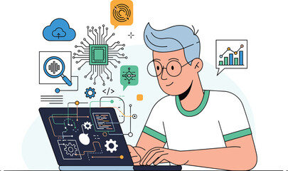 Wall Mural - coder works on laptop with software icons. programming, technology, development, coding, engineer, c