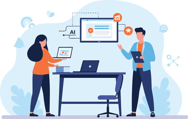 Wall Mural - People discuss project aided by AI technology. Artificial intelligence, brainstorming, discussion, strategy, innovation, teamwork, communication, technology, collaboration.