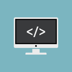 Computer monitor displaying code symbols on a blue background.