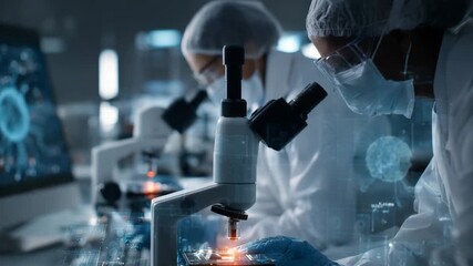Scientists analyzing tumor samples under digital microscope, data overlays reveal progress in biopsy and immunotherapy