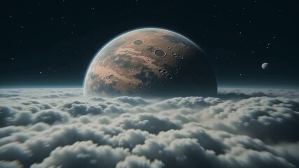 Wall Mural - A majestic red planet rises above a serene sea of clouds, a breathtaking cosmic vista in a distant, unknown galaxy