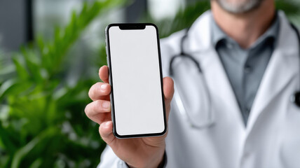 close up of doctor holding smartphone with blank white screen