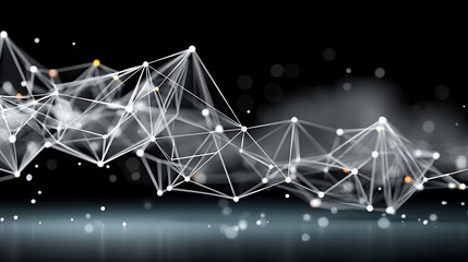in a digital scene, a complex network of white lines and spherical nodes spans across a dark background