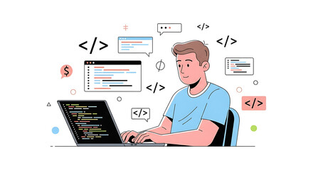 Vector illustration of a male developer programming on a laptop computer. Concept for software engineering, web development, and coding