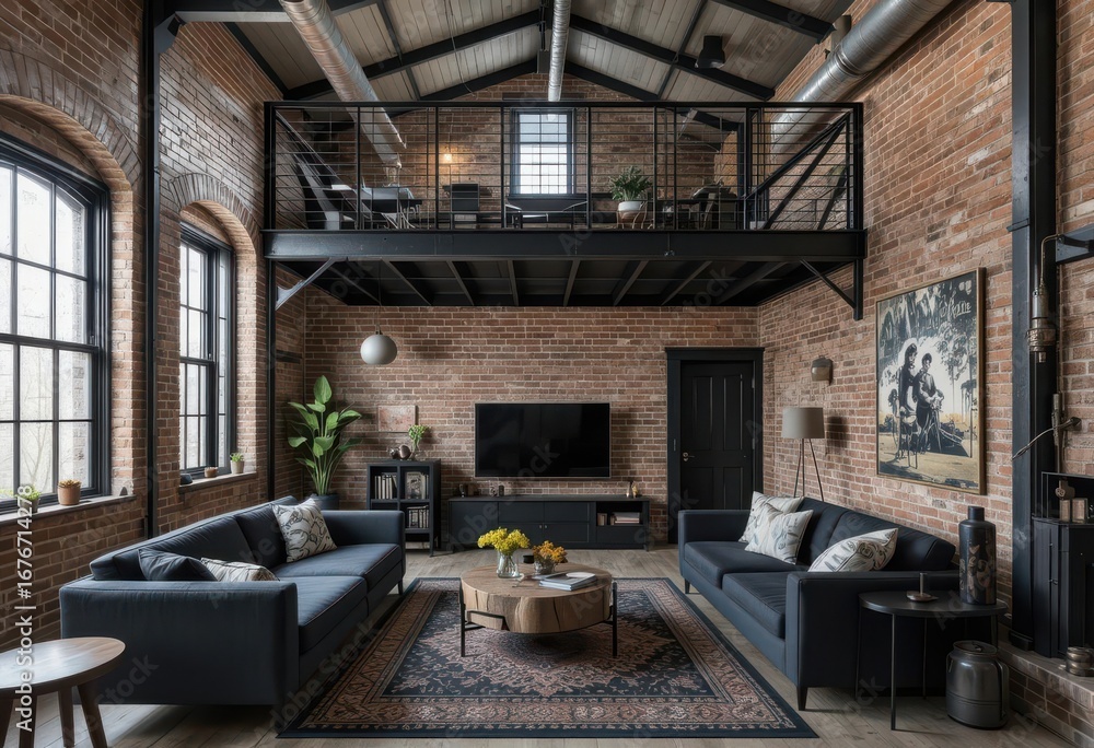 Photo inspiration: Exposed Ductwork Urban Loft Apartment Decor Reference: Stock Illustration Exposed Brick Small Living Room With Metal Loft