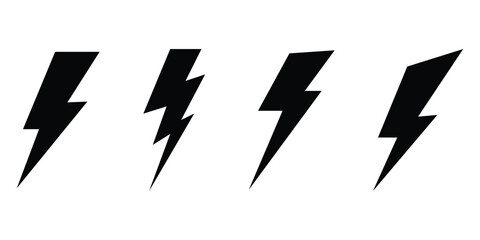  Lightning silhouette set. Black isolated lightning icon on white background. Different shapes vector isolated lightning set. Abstract thunder icon. EPS 10. 