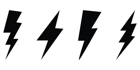  Lightning silhouette set. Black isolated lightning icon on white background. Different shapes vector isolated lightning set. Abstract thunder icon. EPS 10. 