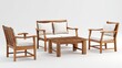 © Zf - Wooden outdoor seating set with a coffee table.  Beige cushions on light brown teak furniture.  Front view on a white background