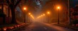 © Thi - a halloween themed street lined with orange glowing lamps, pumpkins along the curb, and mysterious fog, giving a cinematic and spooky atmosphere to the eerie night path.