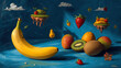 © Dunia Digital - A whimsical still life painting of smiling fruits in a surreal, dreamlike landscape with floating islands.