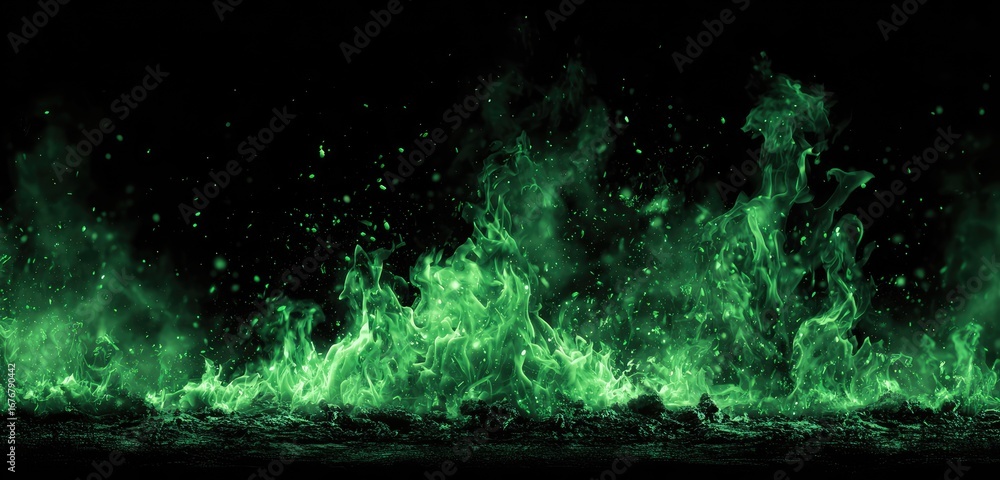 Vibrant green flames against a dark background Stock Photo | Adobe Stock