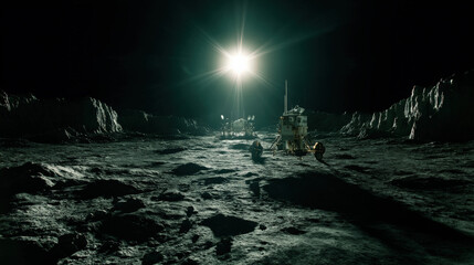 lander deploying antenna array on rugged mare terrain low sun casting long shadows crisp detail illustration concept scene visual for commercial design use high detail quality stock image illustration
