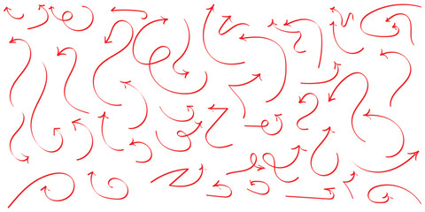 Red hand drawing doodle arrow on isolated white background. Different shapes hand drawn arrow set.  Isolated curved vector doodle icon set. Curved isolated curved navigation arrow. 