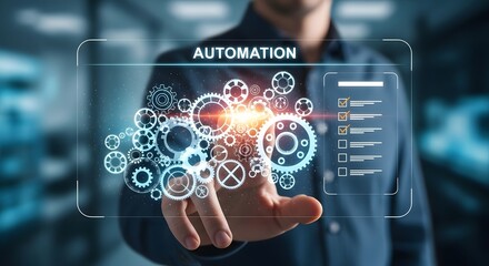 Business professional interacts with a holographic interface displaying intricate gears representing automation and workflow processes