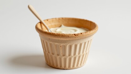 ultra sharp isolated ice cream cup dispenser made of rice husk composite, detailed with shell inspired grooves, offering compostable after use, displayed on seamless white backdrop with ultra clarity.