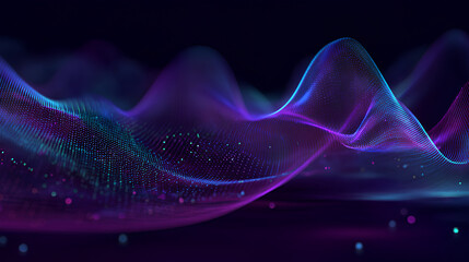 Wall Mural - Neon background of purple and blue gradient glowing digital waves. Futuristic technology concept, vibrant energy. Dynamic waves flow with neon light and bokeh. Innovations, virtualization. 