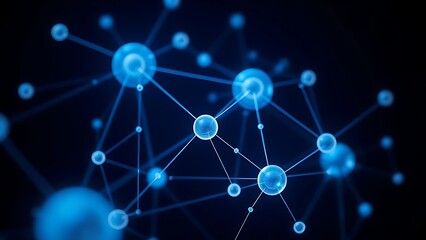 Abstract blue and white interconnected spheres with glowing nodes, symbolizing a digital network on a dark background.