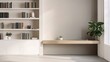 © GioGio - Minimalist white bookcase with neatly arranged books, green plants on top, wooden desk with lush foliage,succulent, soft gray wall background, cozy modern home office decor and stylish zoom background