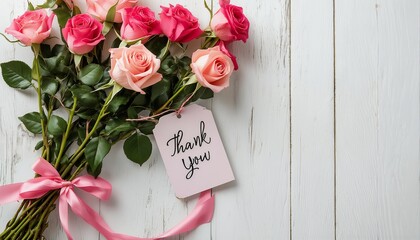 Wall Mural - a bouquet of pink and cream roses tied with a pink ribbon and a ?�?thank you?�� tag rests on a white wooden surface.