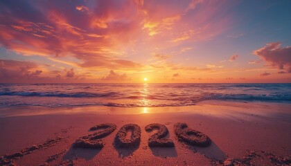 Wall Mural - a vibrant sunset over the ocean illuminates the year 2026 written in the sand on a tropical beach.
