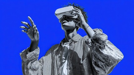 Deaf programmer using sign language in VR headset, high-tech backdrop, monochrome with a pop of royal blue