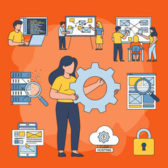 Flat Design Modern Gear Development and Hosting Technology Illustration Concept