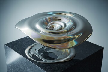 Wall Mural - abstract metallic sculpture with fluid vortex shape on dark marble base, illuminated with soft light