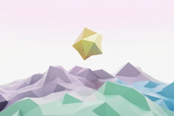 Wall Mural - Floating yellow polygon above pastel low-poly mountains with soft light background in creative abstract geometric landscape scene. Ai generative