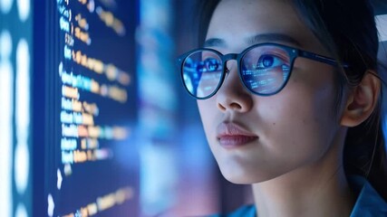 Focused asian woman coding software, data analysis and digital technology exploration in