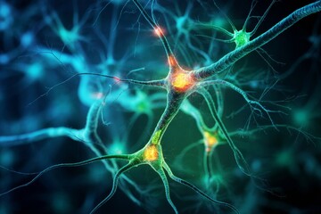 Wall Mural - glowing neural network cells with electric impulses on abstract blue green background in high detail