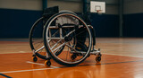 An empty sports wheelchair with angled wheels sits on a polished wooden basketball court.