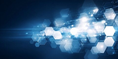 Wall Mural - Abstract blue geometric shapes and lines forming a network pattern with bright lights.
