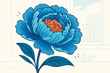 Wall Mural - Blue flower with orange center in bold graphic style against a bright indoor background showing windows and city shapes in soft lines. Ai generative