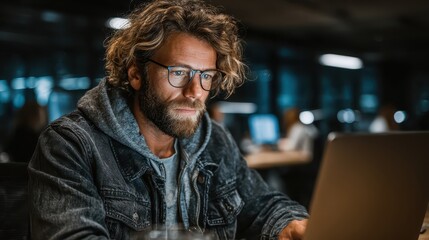 A handsome bearded gentleman with sophisticated eyeglasses is deeply engaged in his work typing on a modern laptop computer with intense concentration