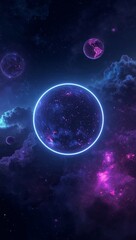 Wall Mural - Futuristic neon glowing spheres floating in infinite space symbolizing AI driven creative universes